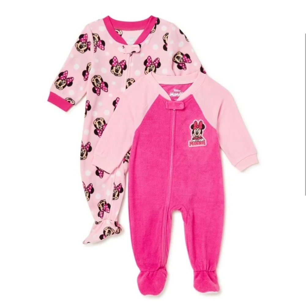 Set of (2) Pink Minnie Mouse Footed Sleeper Onesies.